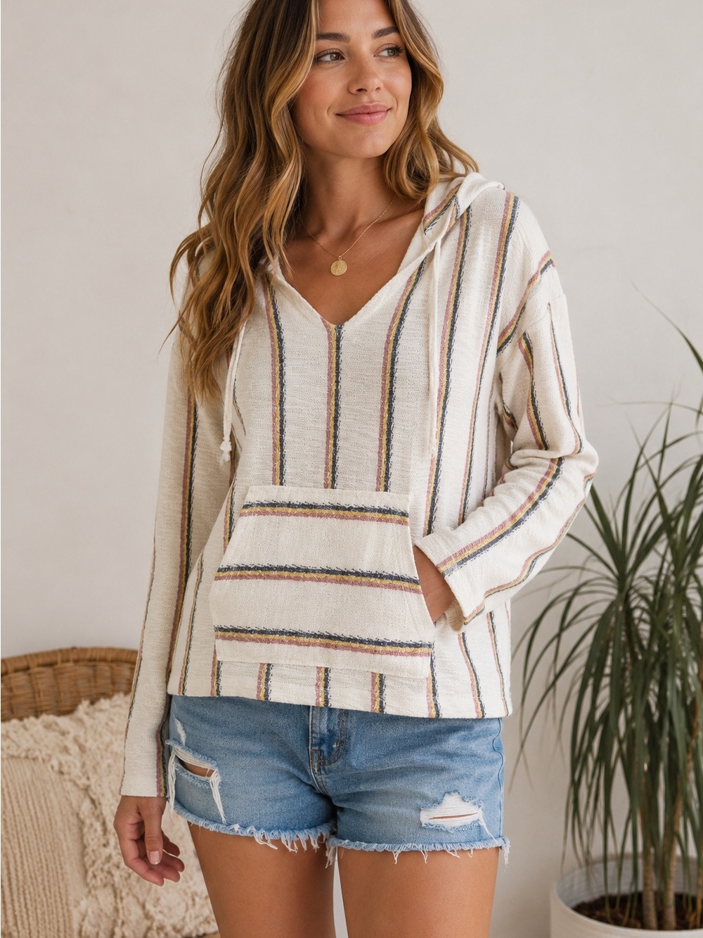 NWOT! Ocean Drive Cream Striped Hooded Pullover With Front Pocket
